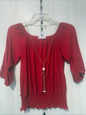 Sparkle Red Smocked-Hem Women's Top